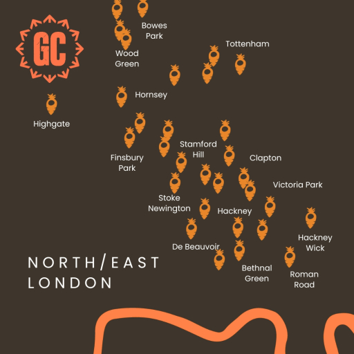 map of Growing Communities organic veg box collection points in north and east London